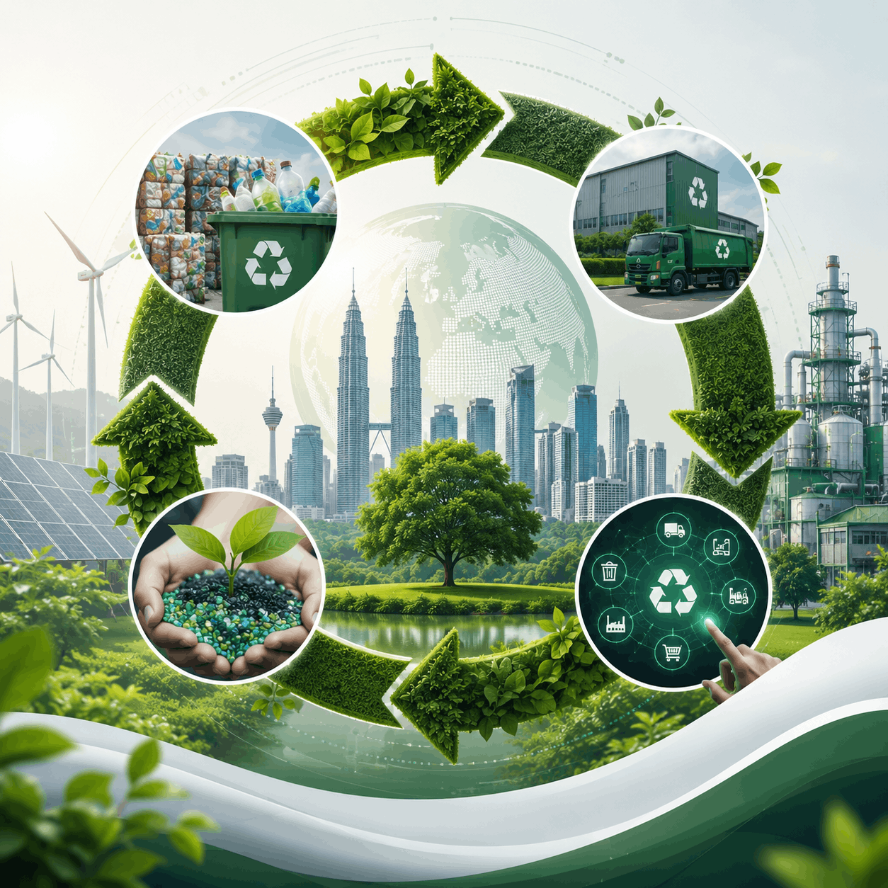 Eco-friendly corporate building showing recycling and sustainability solutions
