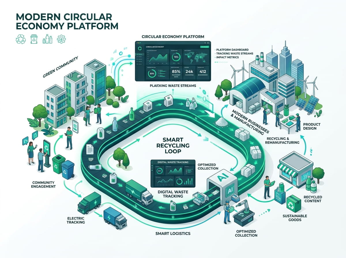 Packaging recycling facility showing collection loops
